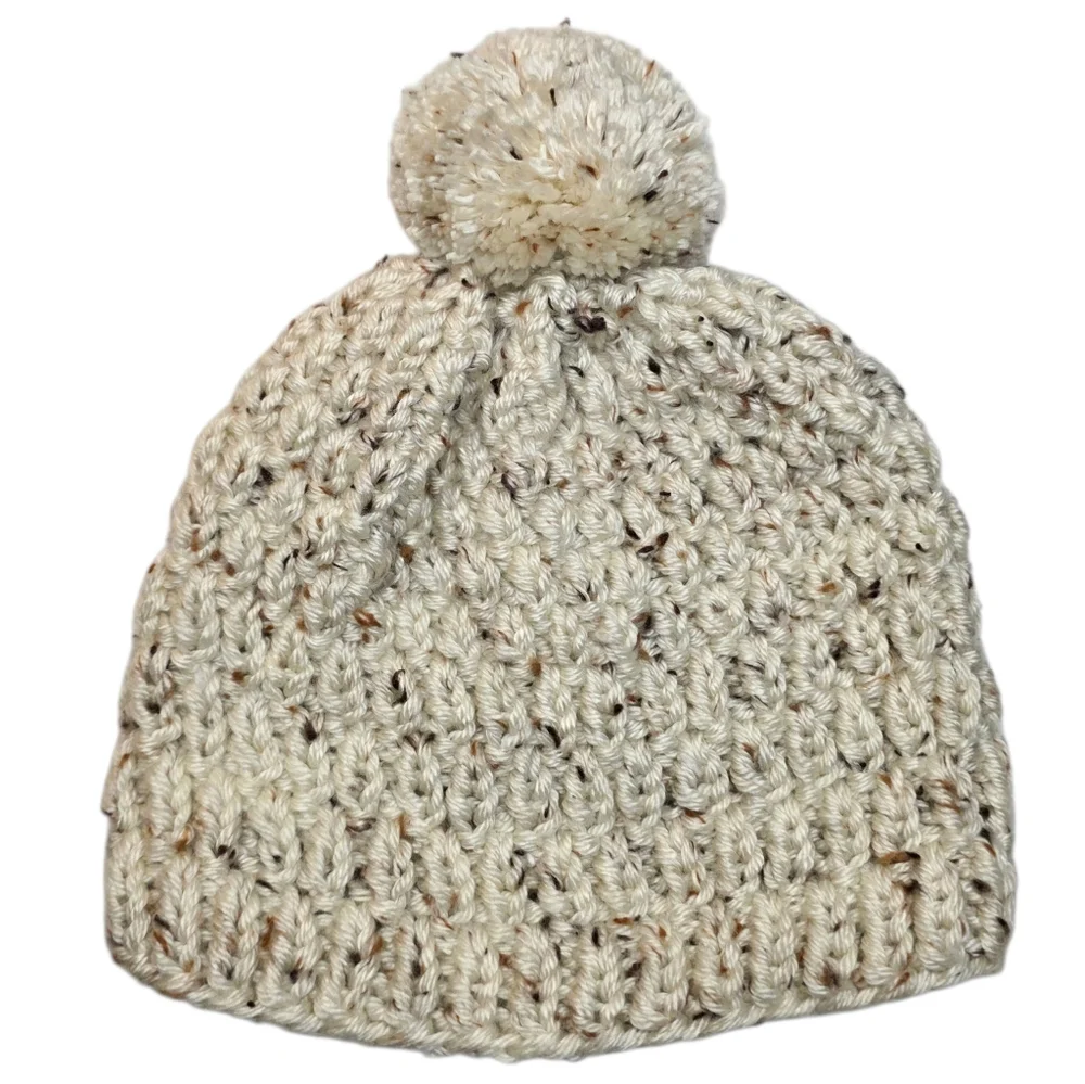 Winter Hat Handmade Speckled Cream Yarn Knit Pom Pom Beanie Womens Accessories
